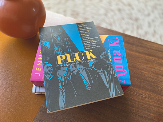 Op een houten tafelblad ligt een stapeltje boeken en tijdschriften